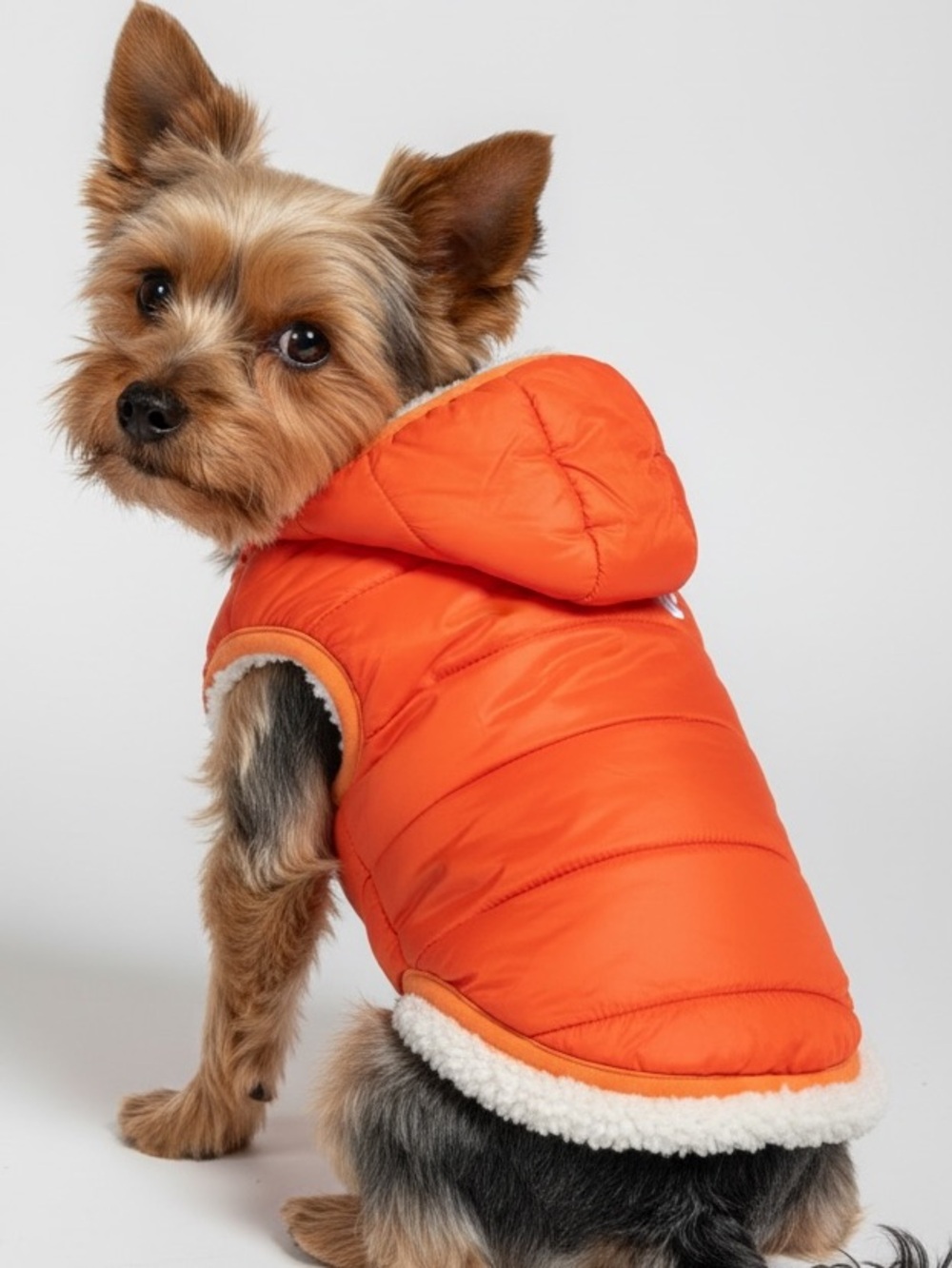 Insulated Orange Dog Puffer Coat with Sherpa Hood